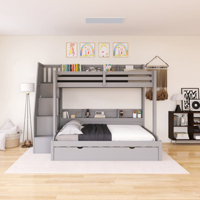 Lit superposé simple au-dessus de double avec structure en bois avec escalier de rangement, DEL et USB