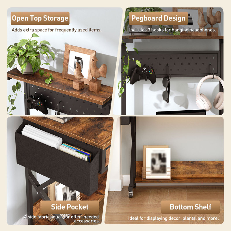39.4" Mobile Computer Desk Rolling Home Office Table With Power Strip And LED Lights, Rustic Brown