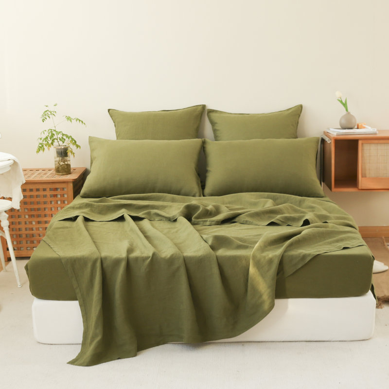 100% Linen Sheets Set, Queen Sheet Set with 2 Pillowcases, Olive Green