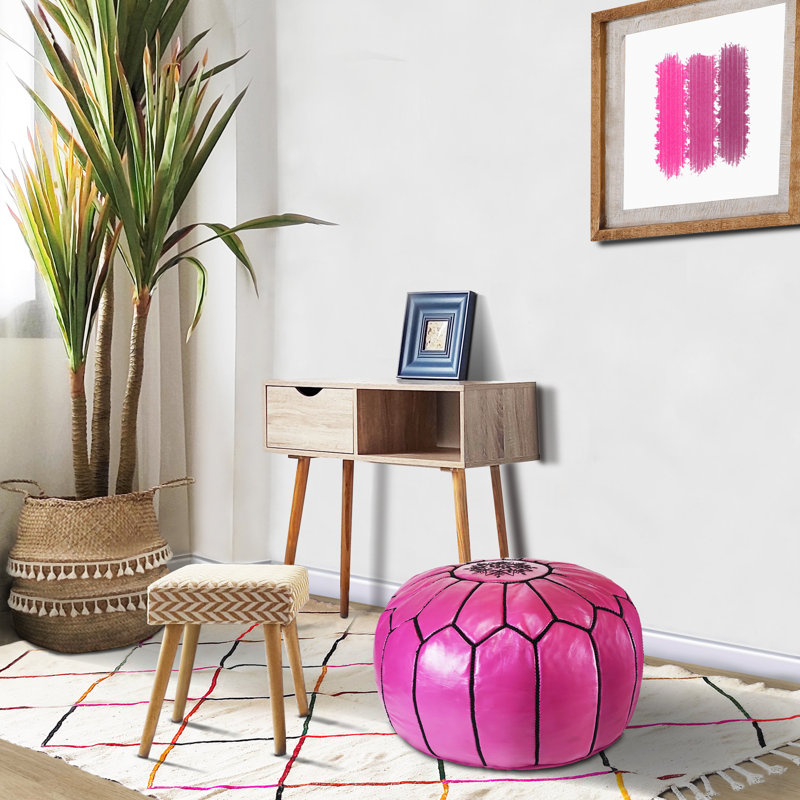 Leather Pouf, Hot Pink/Black Genuine Leather