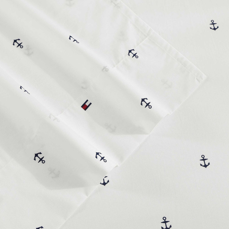 Tommy Hilfiger Printed Percale Cotton Sheet Set, King Sheet Set with 2 Pillowcases, White Abstract
