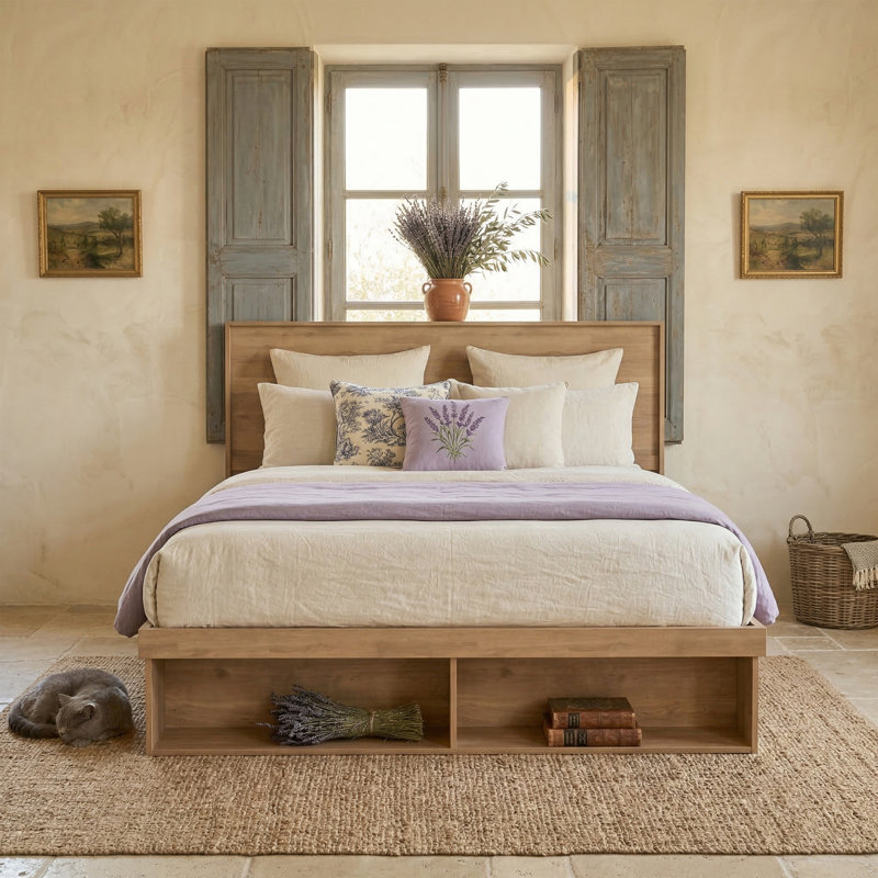 Modern Farmhouse Platform Storage Bed with Concealed Compartments and Open Cubbies, Pale Oak, King