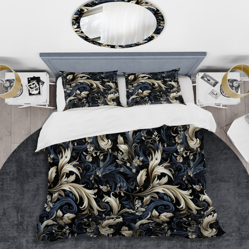 Literie damassée noire et grise, Housse de couette pour grand lit et 2 taies décor