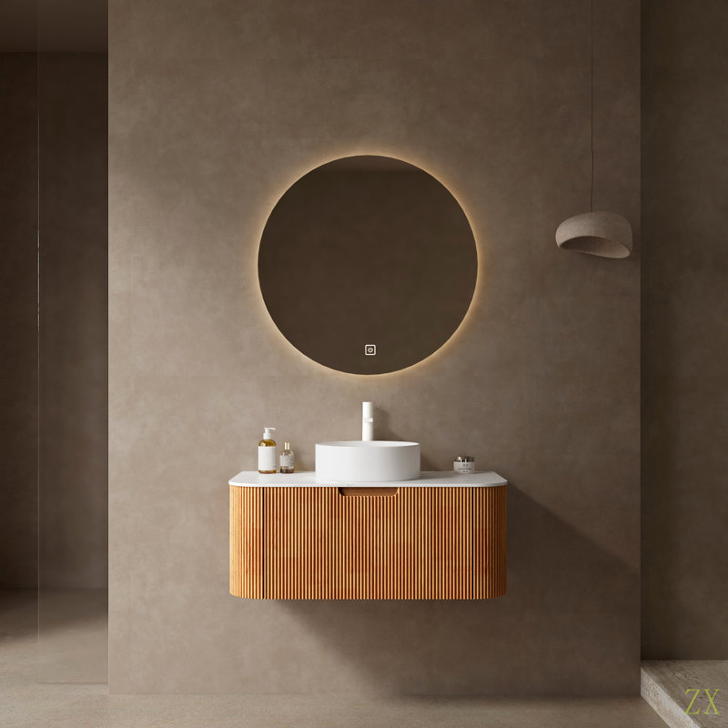 Meuble-lavabo de salle de bain 36 po, lavabo à bordures arrondies rayé avec tiroir en céramique et plateau en pierre frittée Carrara de Dina