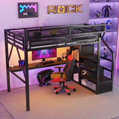 Lit mezzanine double avec bureau et station de charge, lit mezzanine double en métal avec escalier et lumière pour enfants, noir