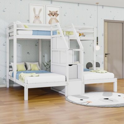 Twin Over Twin & Twin Wood L-Shaped Bunk Beds With Built-In Staircase