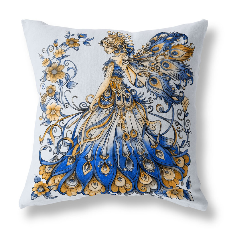 Coussin Floral, H 16 po x l 16 po, Bleu / Orange