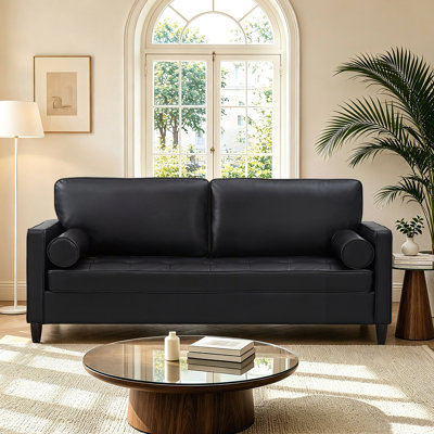 Classic 3-Seater Faux Leather Sofa with Tufted Cushions and Solid Wood Legs