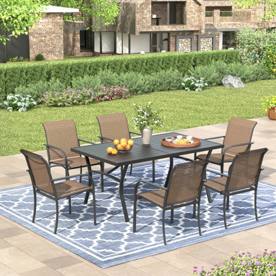 63" Patio Dining Set with Extra Large Rectangular Dining Table and 6 Stackable Armrest Chairs