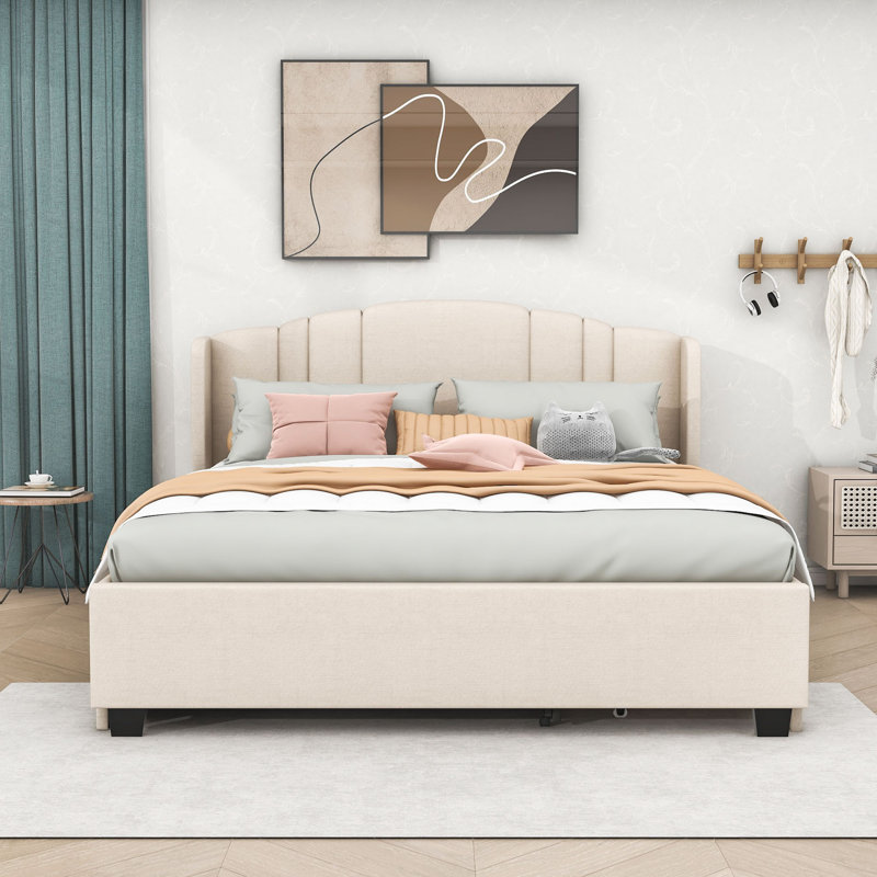 Lit plateforme tapissier grand avec 2 tiroirs et gigogne simple Hartli, Beige