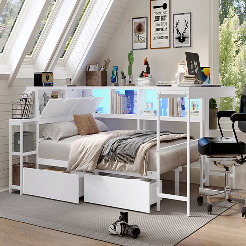 Structure de lit d'angle simple avec bibliothèque et 2 tiroirs de rangement sous le lit, lit moderne avec éclairage à DEL et station de charge, interchangeable gauche et droite, blanc
