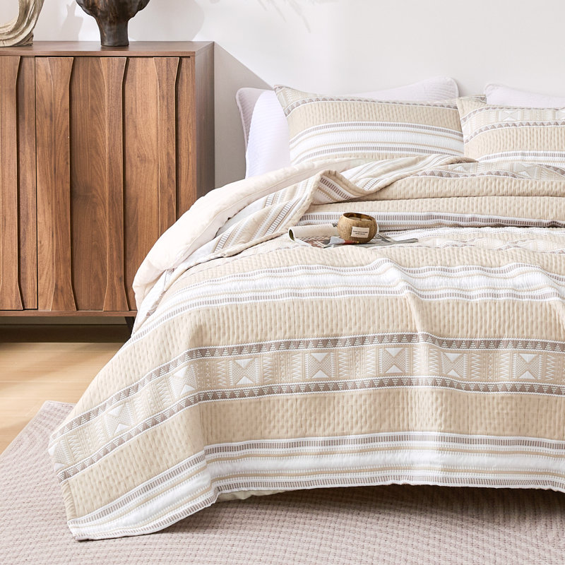 Ensemble de courtepointe en jacquard de coton très grand Sleep Zone 3 pièces pour toutes saisons kaki 106 x 96, Kaki bohème