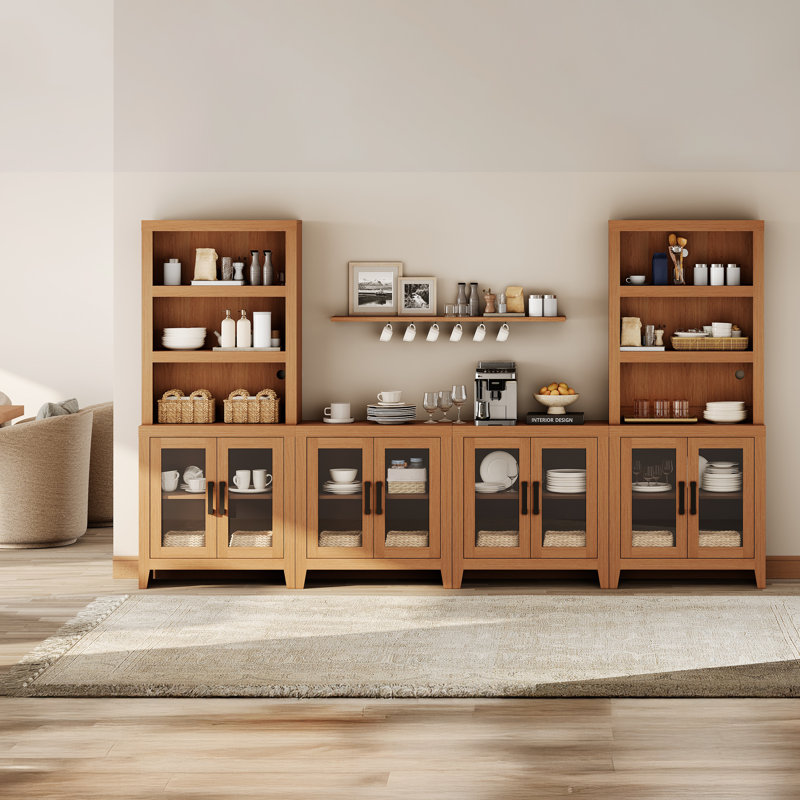 Farmhouse Entertainment Center With Bookshelves, 4-Piece Modular TV Stand With Storage Towers, Glass Doors, Open Shelves, Media Console For Living Room, Home Theater