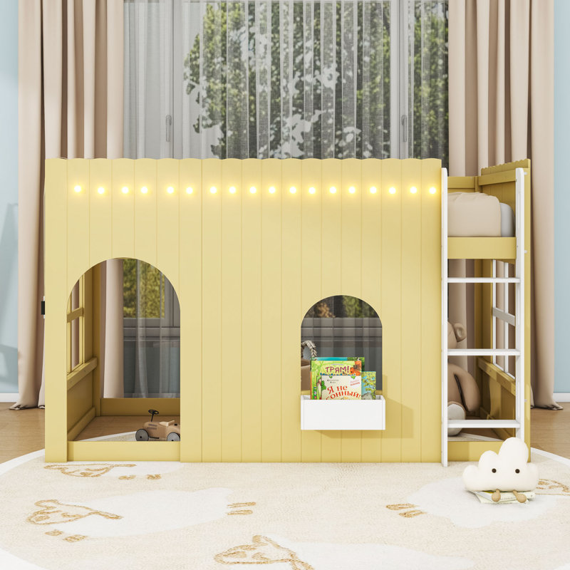 Lit mezzanine en bois avec guirlandes de lumières DEL intégrées, Primrose Yellow, Twin
