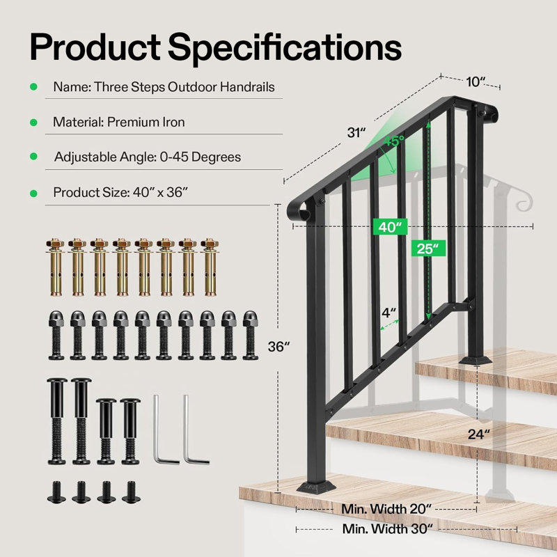 Rampe d'escalier d'extérieur 3 marches en fer forgé mat avec embout courbé et balustres, H 36 po x l 2 po x P 40 po