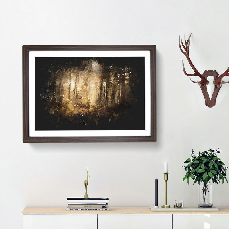 Forest In An Orange Glow Paint Splash - Picture Frame Graphic Art, 33cm H x 45cm W x 2cm D, Walnut Framed