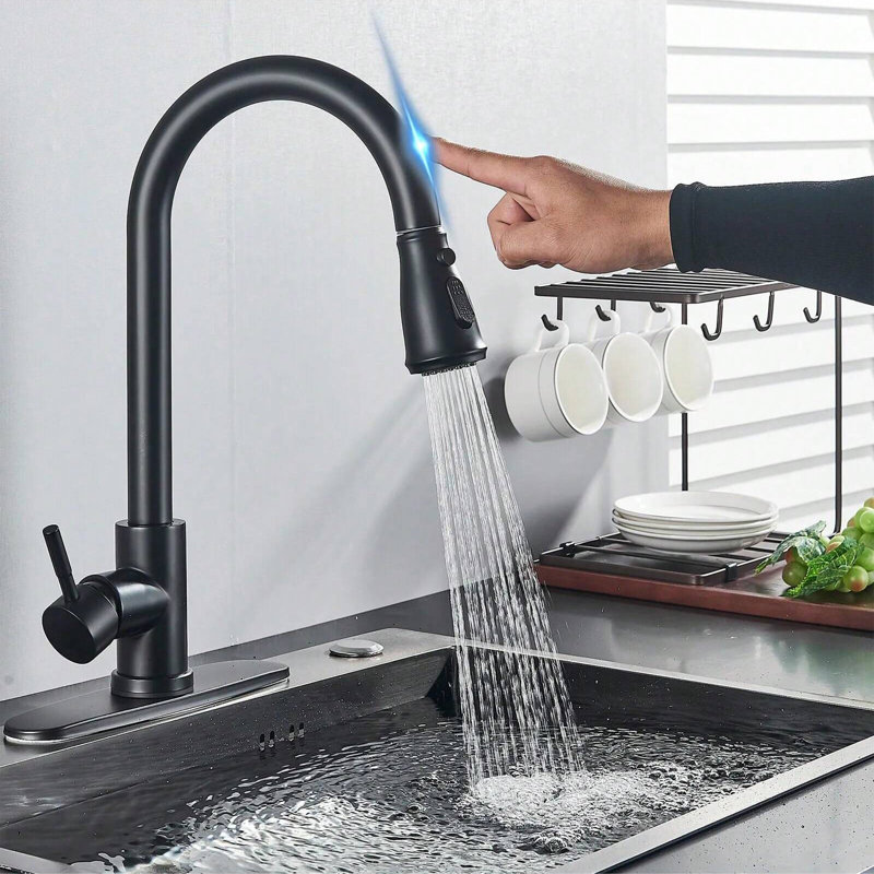 Robinet de cuisine noir mat avec douchette amovible tactile avec bouton pause, robinet d'évier monocommande à bec haut avec plaque de montage ronde de 25 cm