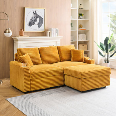 Chaise cachée pliable de 80 pouces en velours côtelé orange avec porte-gobelet et repose-pieds pour les chambre à coucher et le salon