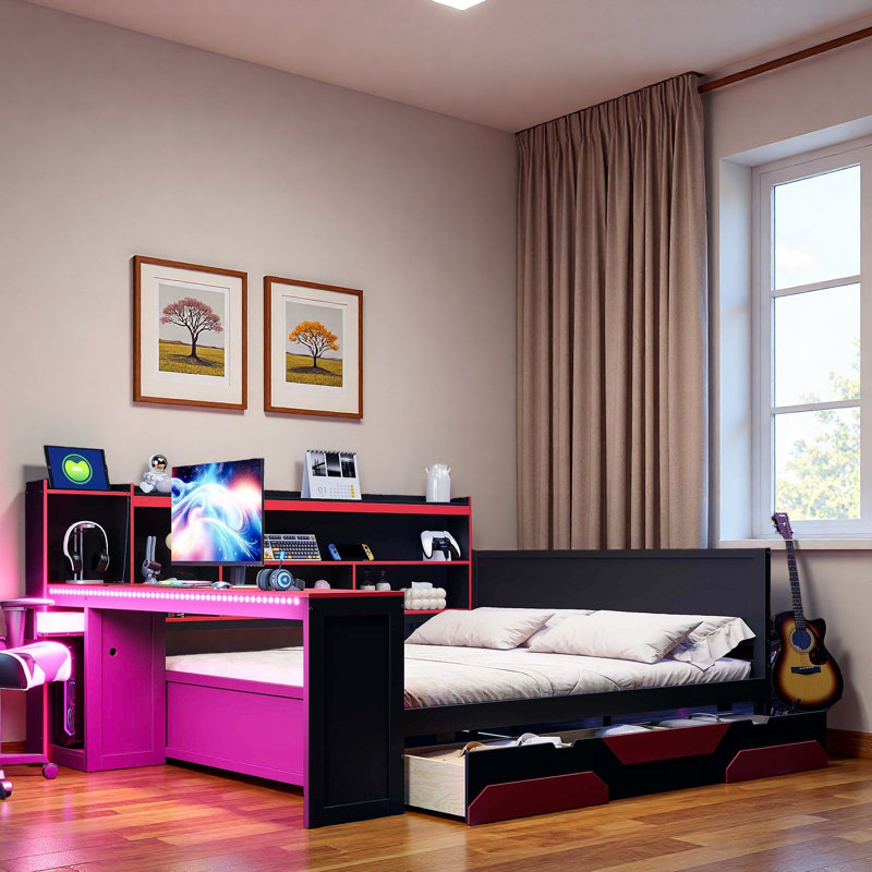 Lit de jour Modern Gaming avec bureau intégré, bandes lumineuses, station de charge intégrée, 3 tiroirs de rangement et tablettes de rangement
