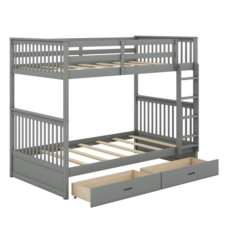 Bunk Bed With Ladder And Storage Drawers, Gray, Twin Over Twin