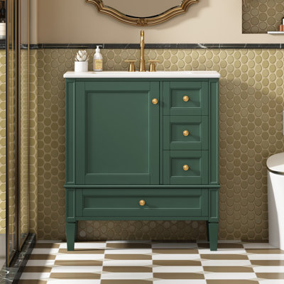 Meuble-lavabo moderne de 30 po avec lavabo en céramique, meuble-lavabo à 3 tiroirs et cadre en bois massif