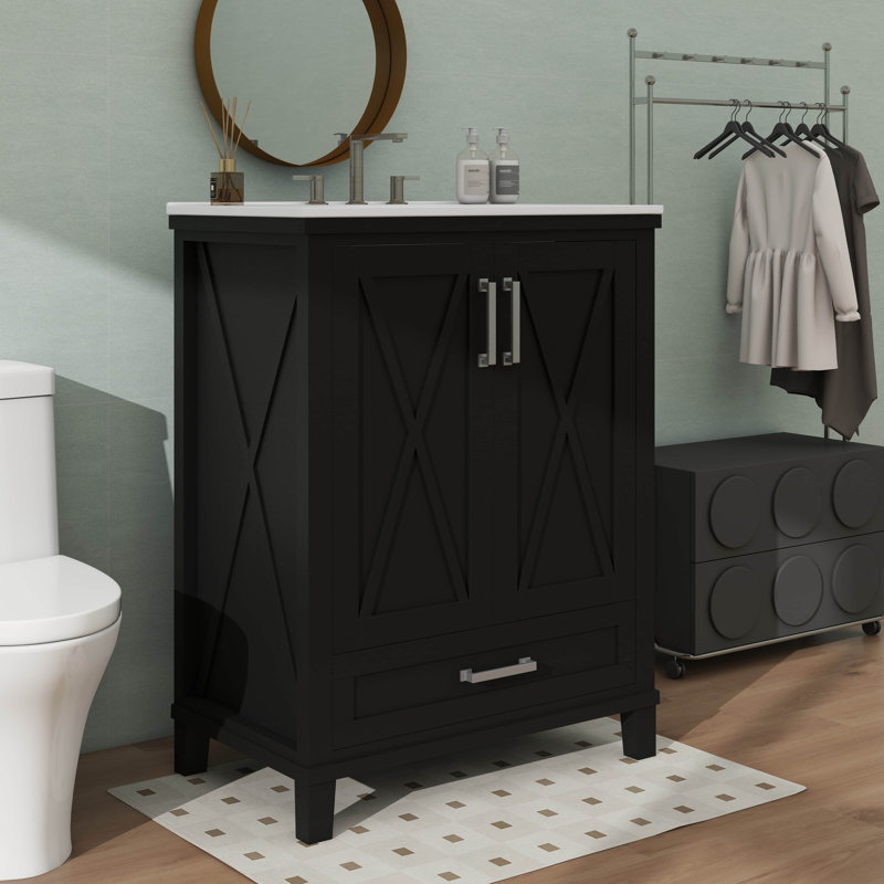 Meuble-lavabo de 24 pouces avec lavabo simple, 2 portes à fermeture douce, 1 tiroir divisé, 2 tablettes de rangement, Noir