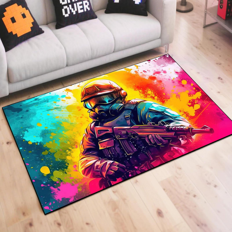 60" X 40" Bright Graffiti Shooting Battle Game Rug - Colorful Bomb War Design, Non-Slip Gaming Carpet For Bedroom Playroom Living Room