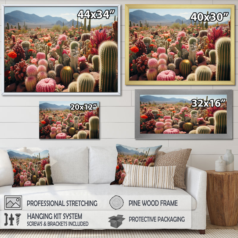 Cactus vert et rose II - impression, Cadre doré simple, H 30 po x l 40 po x P 1,5 po