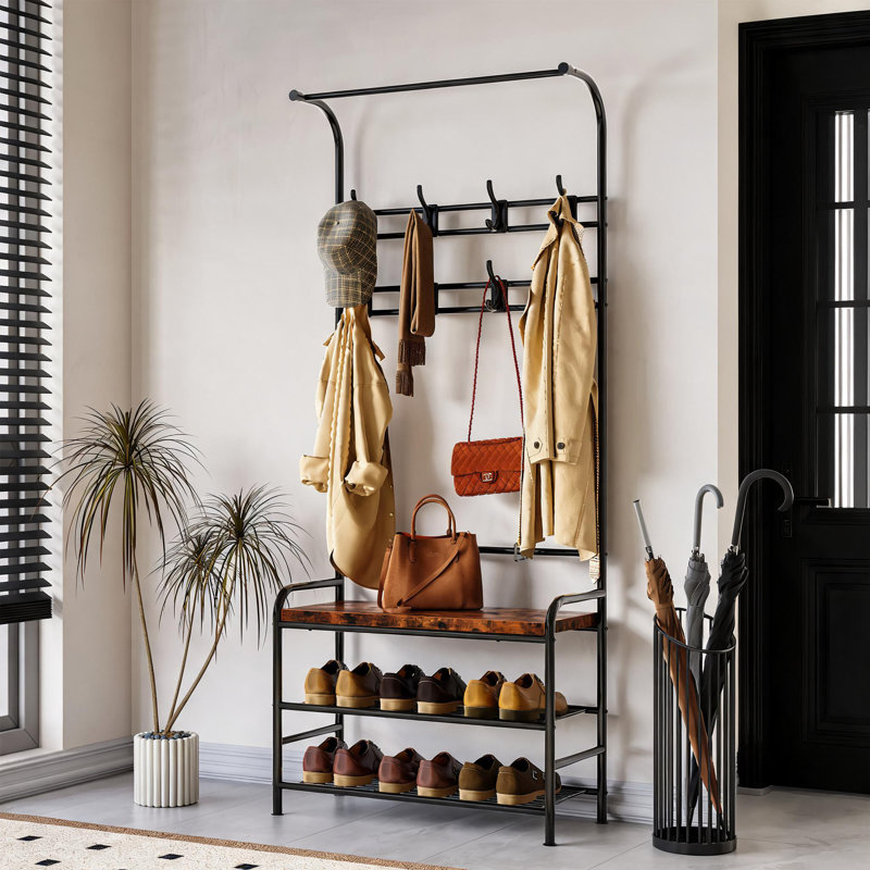 Industrial Hall Tree. Shoe Bench. 180cm. Freestanding. Entryway Coat Rack. Hanging Rail. 8 Removable Hooks. 3-Tier Shoe Storage Shelf. Tall. Industrial Style. Entryway.