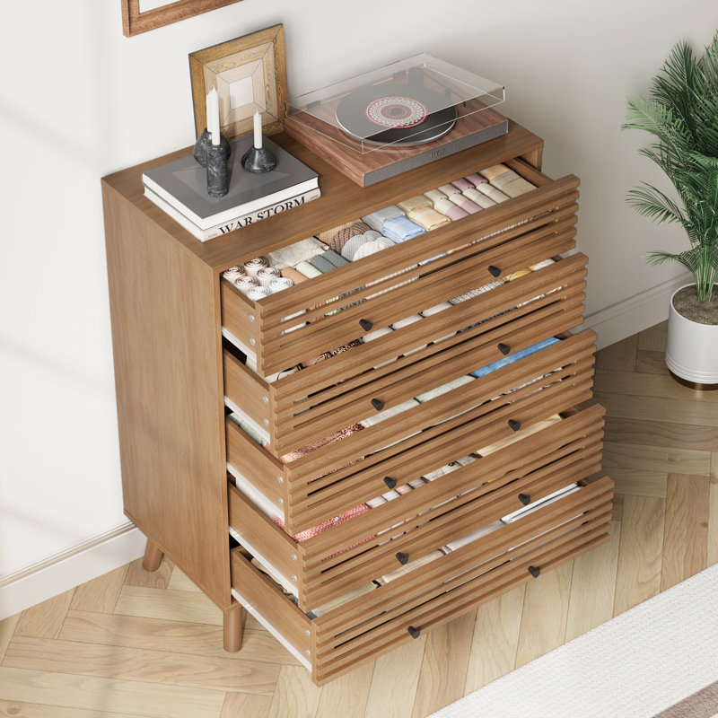 5 Drawers Dresser For Bedroom, Mid Century Modern Slatted Dresser, Wood Chest Of Drawers Organizer For Bedroom, Living Room, Hallway, Closet, Oak