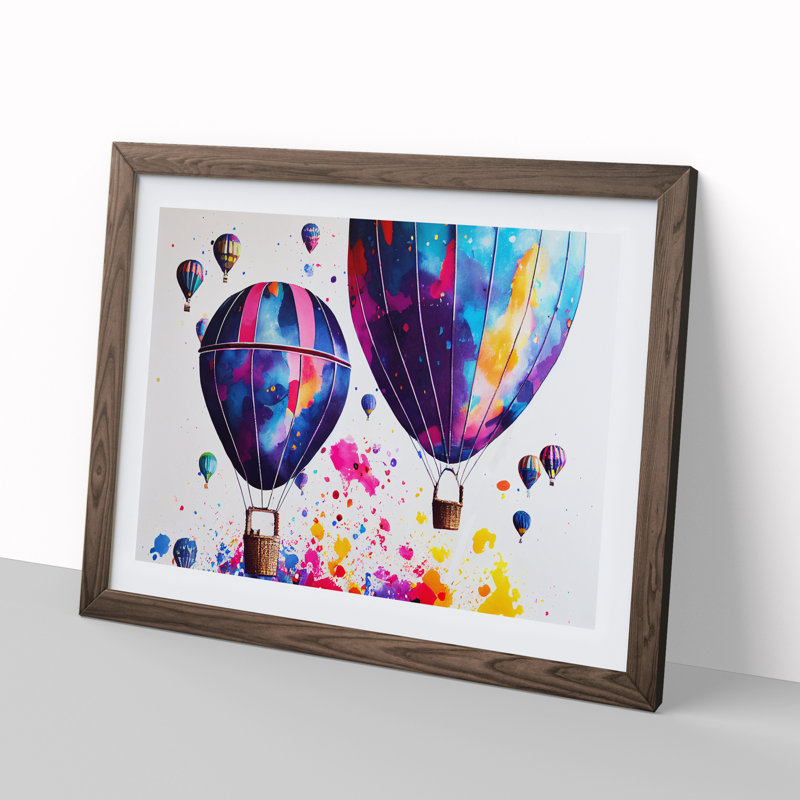 Colourful Hot Air Balloons Abstract - Single Picture Frame Painting, Walnut Framed, 25cm H x 34cm W x 2cm D