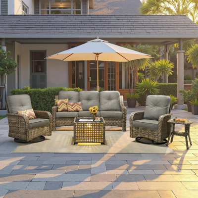 5-Person Outdoor Seating Group With Cushions,Swivel Rockers,Led Coffee Table,All-Weather Wicker Patio Set by Lark Manor