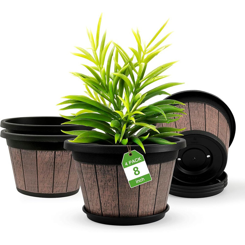 4 Pack 8 Inch Plant Pot,Upgrade Whiskey Barrel Planters W...
