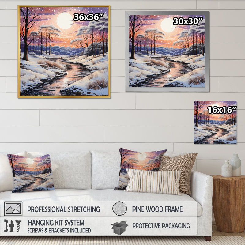 Winter River At Night II - paysages, reproduction sur toile, H 24 po x l 24 po x P 1 po, Cadre flottant noir