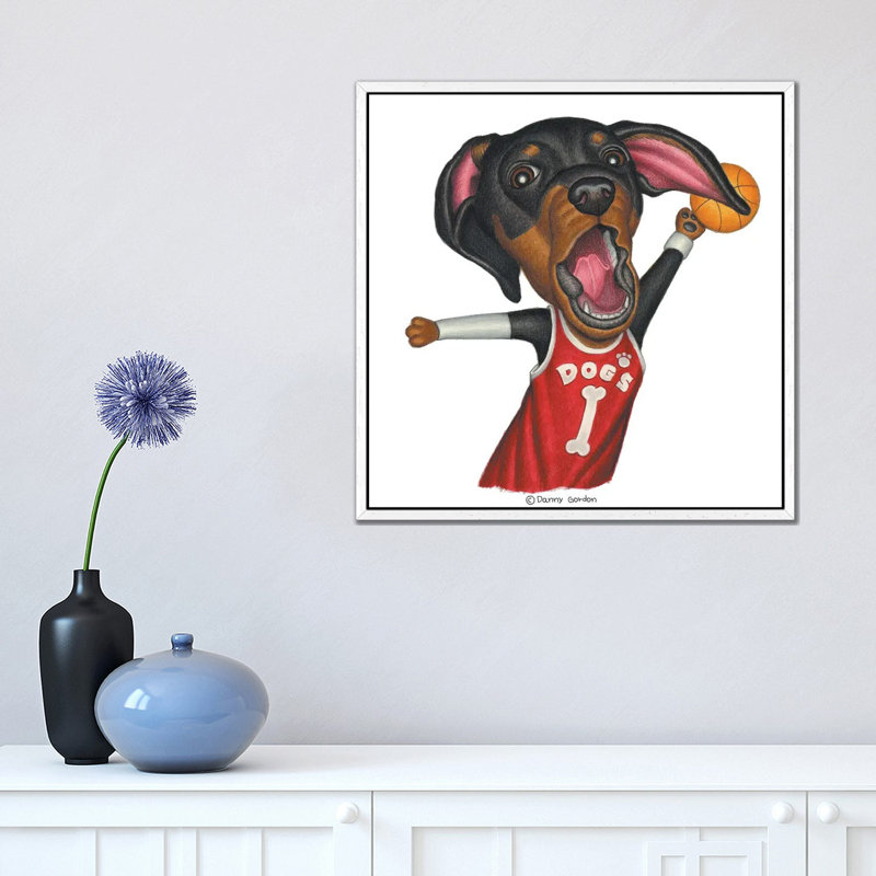 Dachshund Basketballer - Floater Frame Square Print on Canvas, 45.72 cm H x 45.72 cm W x 3.175 cm D, White Framed Canvas