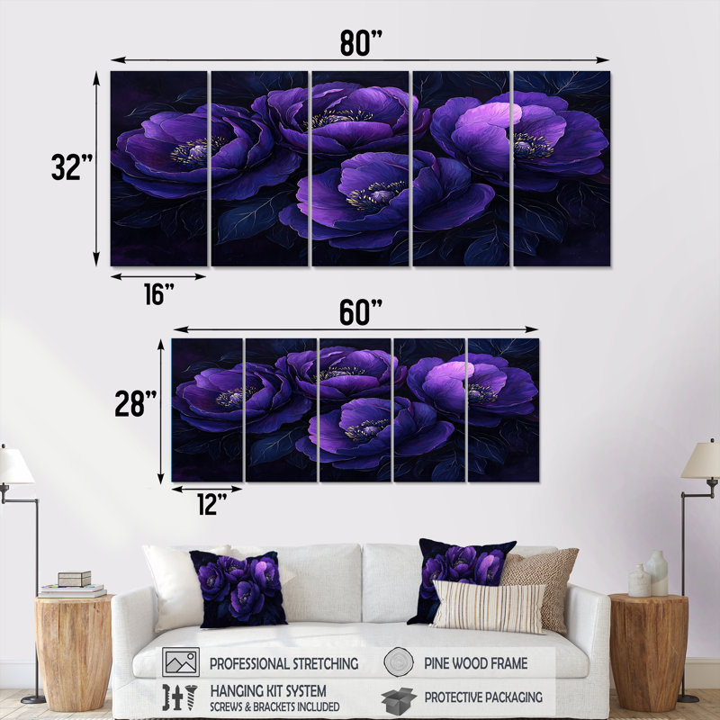 Mauve pivoines minuit Blom II - pivoines - art mural traditionnel pour le salon, H 28 po x l 60 po, 5