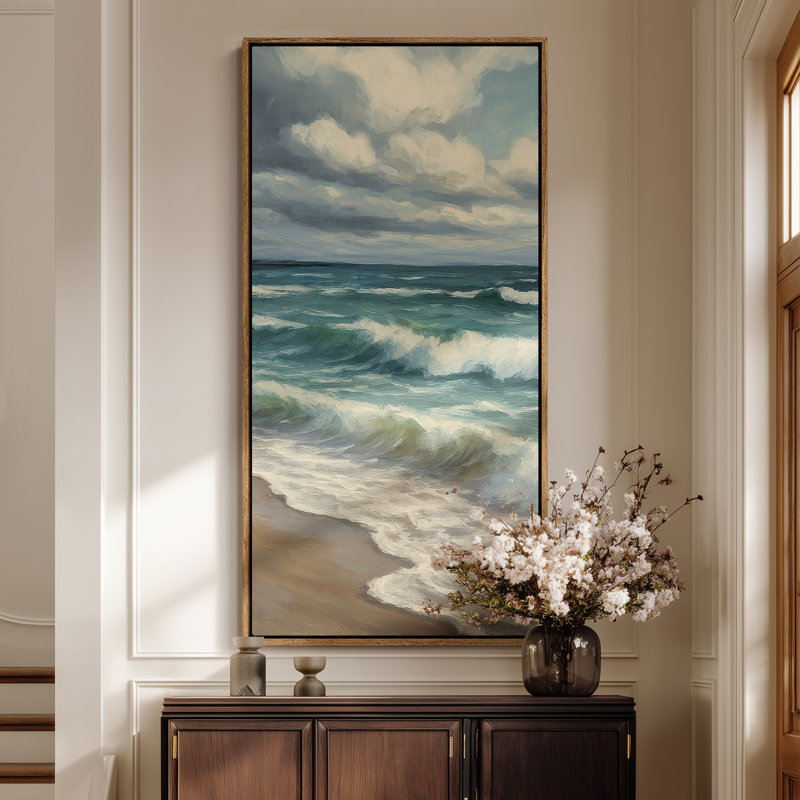 Grand art mural sur toile encadrée, vagues de plage et bord de mer ou estampes nautiques 60 po x 30 po, H 60 po x l 30 po