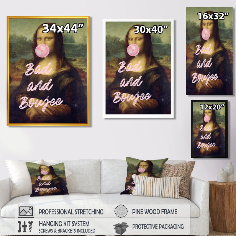 «Bad And Boujee Mona Lisa Pop Art», décoration murale femme Pop Art, H 20 po x l 12 po, Cadre simple noir