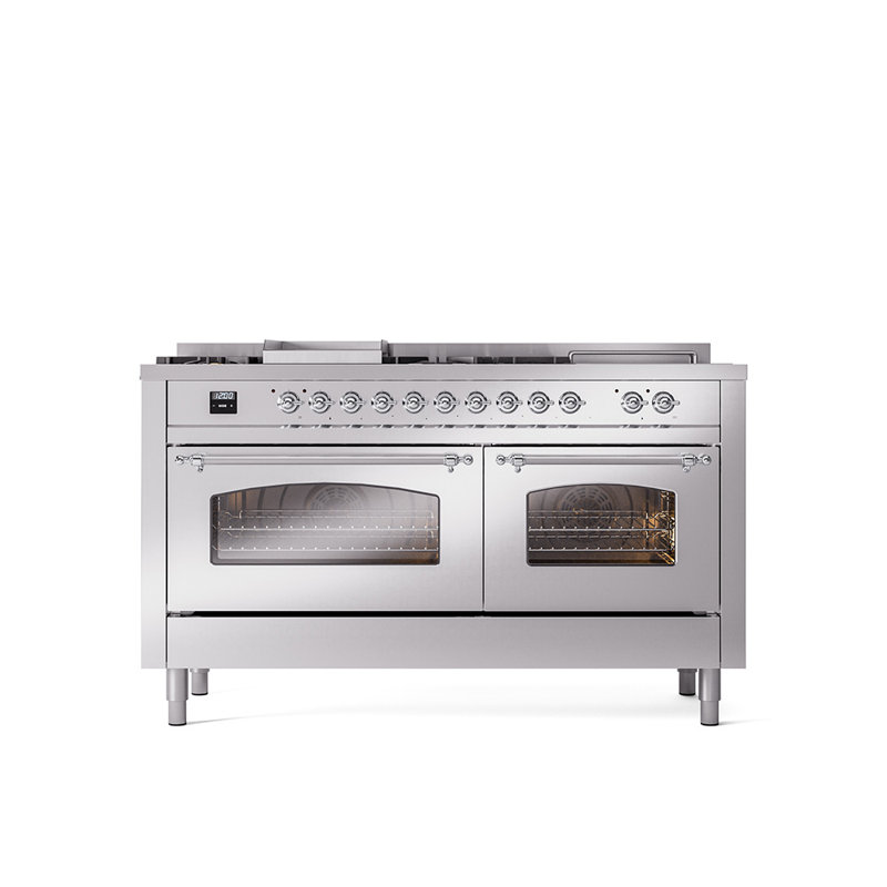 ILVE Nostalgie II Series 60 inch Dual Fuel Range with 5 Sealed Burners, Griddle, Frenchtop (Glass Door), Natural Gas