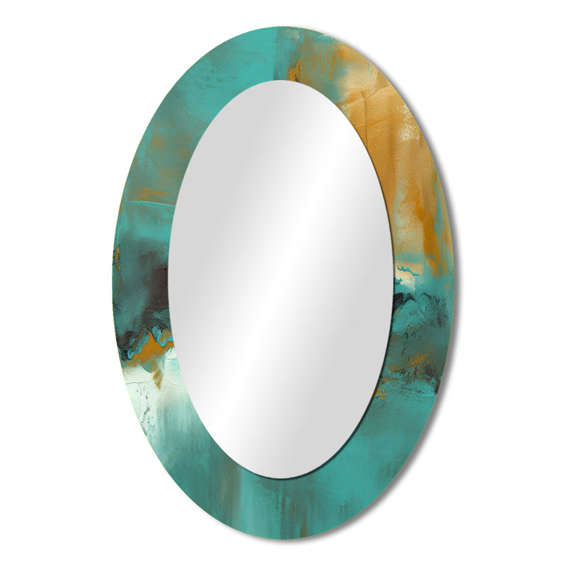 Becoming the Ocean Sun Abstract Teal And Gold III - Gold Modern Oval Wall Mirror, 36 po x 24 po