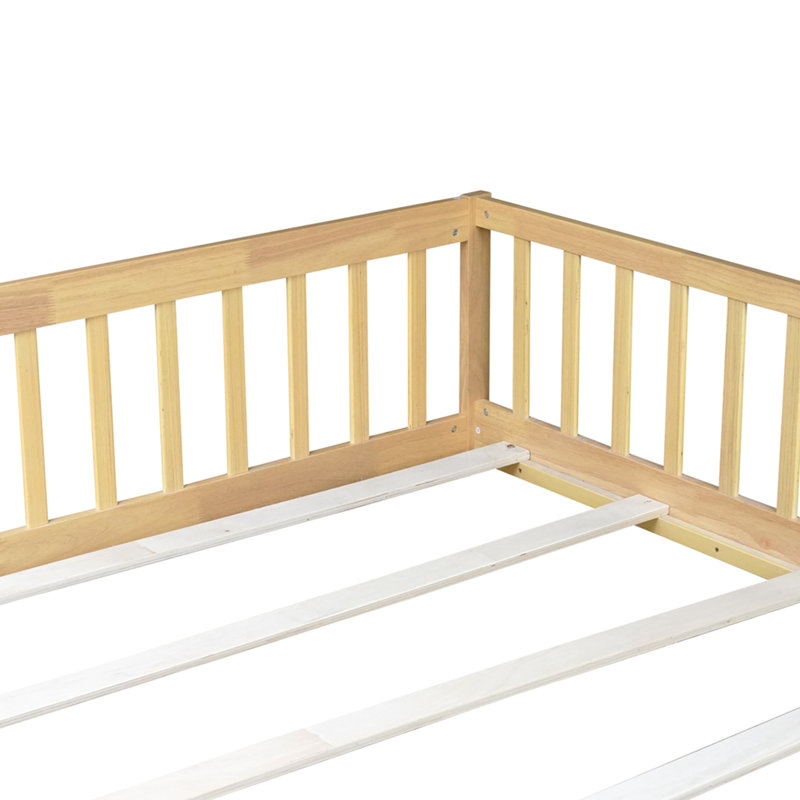 Queen Size Floor Bed with Fence,Door,Rubber Wood Floor Bed with Safety Guardrails