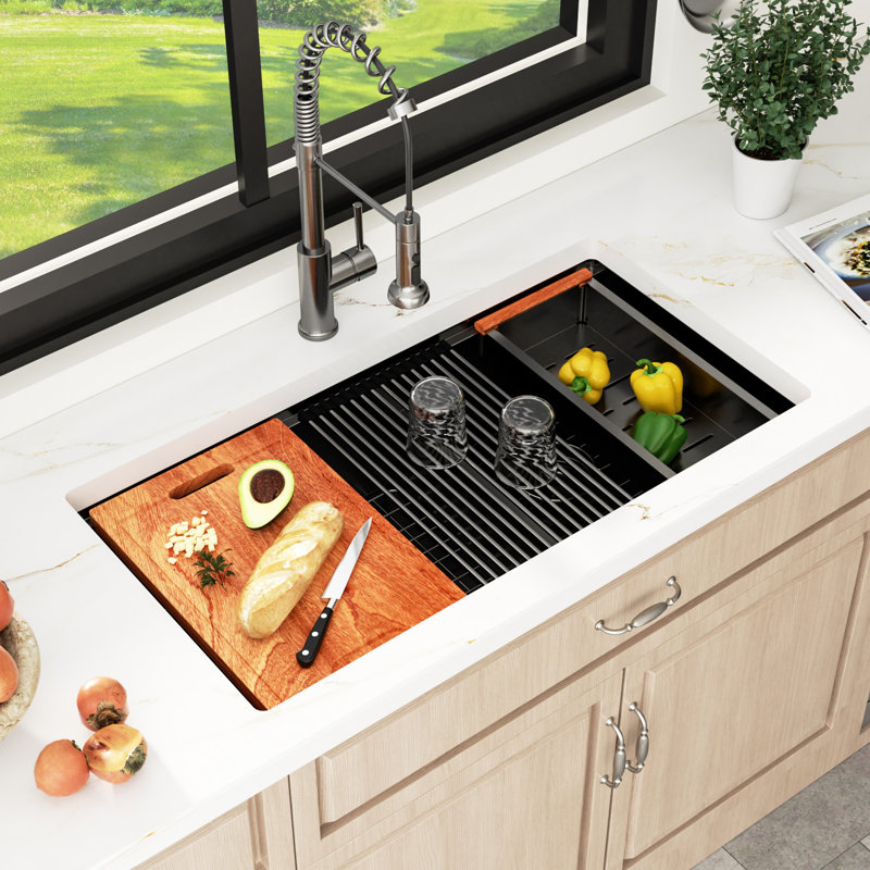 Undermount Double Bowl Workstation Kitchen Sink With Accessories, 10"H X 33"L X 19"W, Gunmetal Black