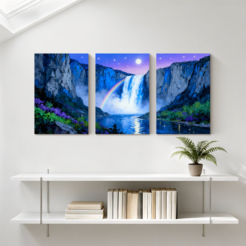 Abstrait cascade arc-en-ciel nuit ciel montagnes fleurs ensemble de 3 impressions sur toile, H 24 po x l 48 po