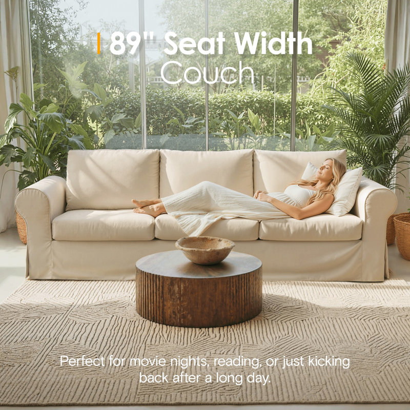 89" Comfortable 3-Seater Sofa For Living Room, Soft Slipcovered Couch With Washable Cover, Supportive Cushions & Sturdy Frame