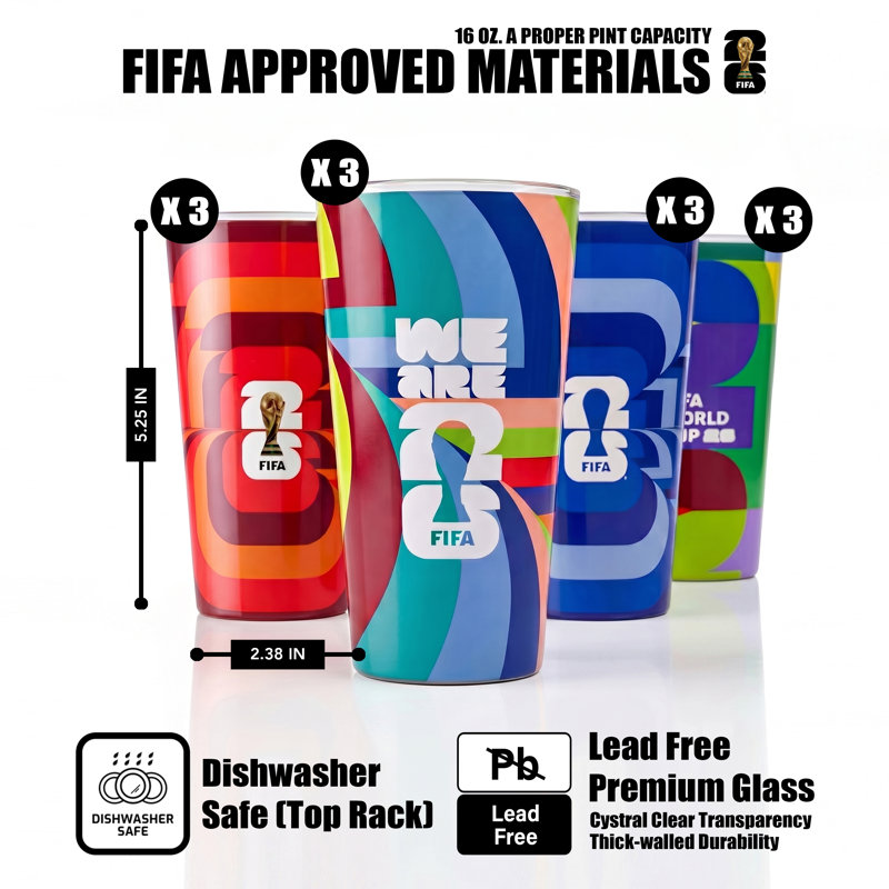 Ensemble de 12 verres à gin Highball / Pinte de la Fifa - motifs de soccer assortis 16 oz - ensemble de collection officiel
