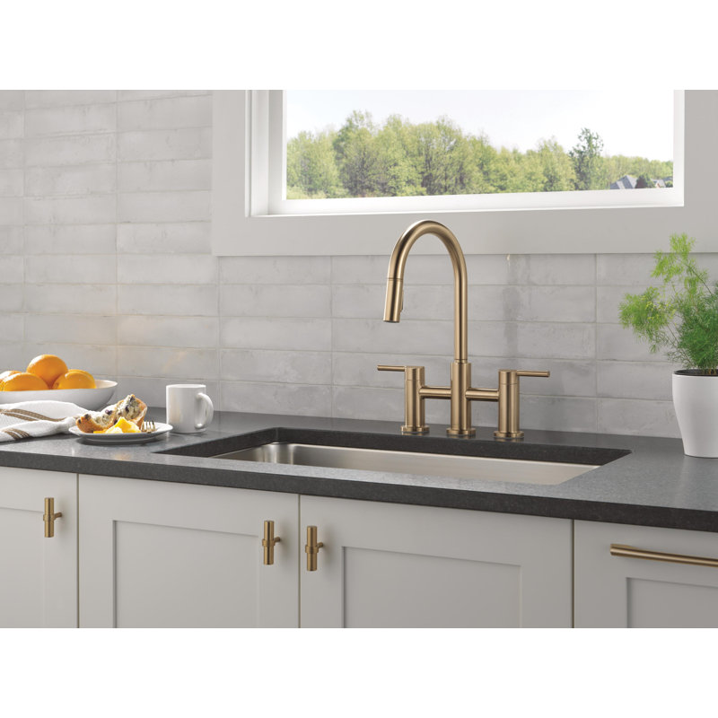 Nicoli Pull-Down Bridge Kitchen Sink Faucet, Two Handle Kitchen Faucet, Champagne Bronze