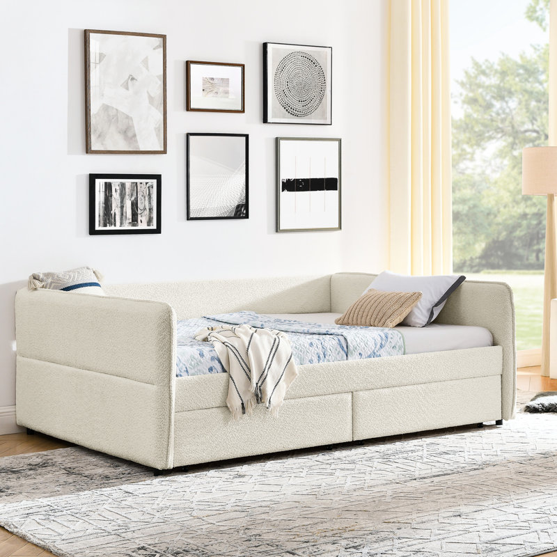Grand lit tapissier avec lit gigogne et 2 tiroirs de rangement, tissu bouclé beige, 88 po x 65,5 po x 29,5 po, rayures verticales, mousse douce pour le confort, rangement facile pour le flux de travail, matériau,