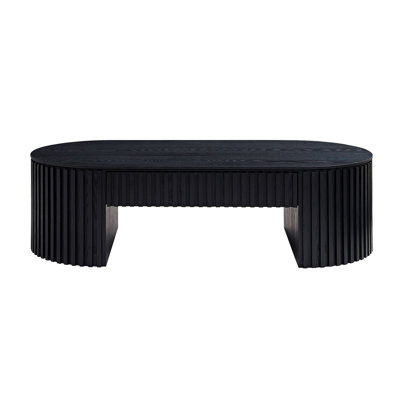 " oval mid-century modern coffee table in black, wood construction with storage drawer for living room