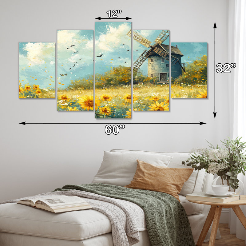 Tournesols au moulin à vent en été III - Art mural de tournesols - ensemble d'art mural traditionnel 5 pièces