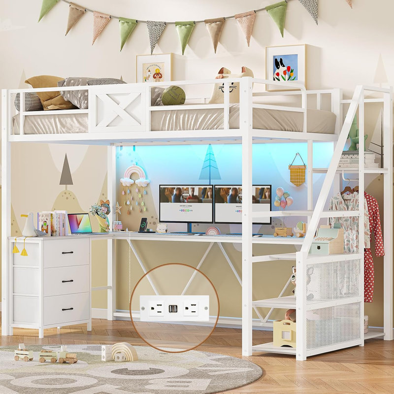 Loft Bed with Led Lights Metal Loft Bed Frame with L Shaped Desk and Wardrobe, White